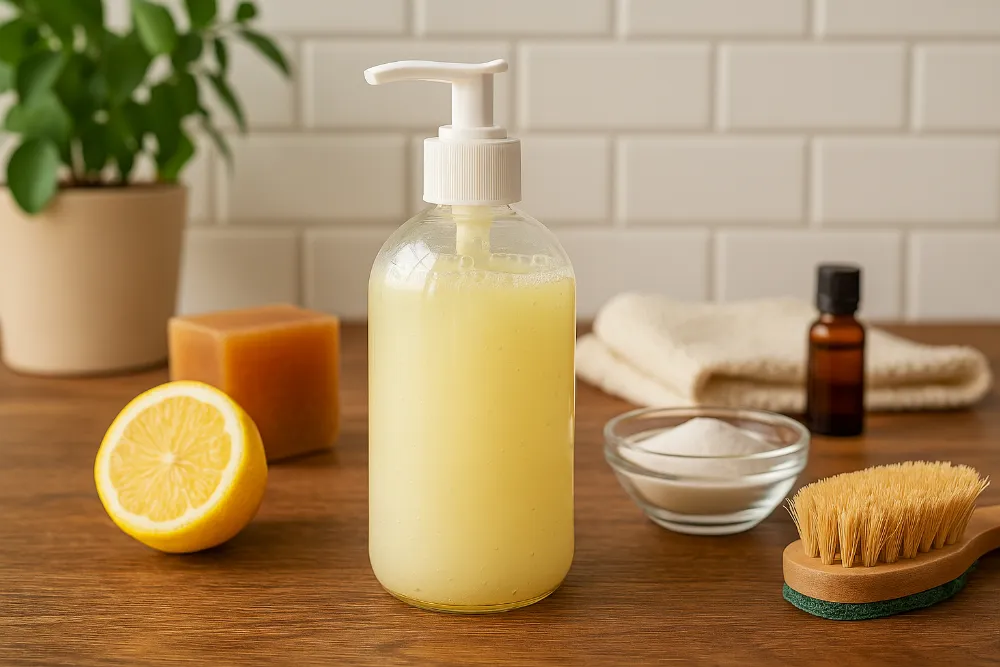 Натуральний миючий засіб у пляшці-дозаторі на кухонному столі Природний засіб для миття посуду у пляшці з дозатором поруч з лимоном, милом та інгредієнтами