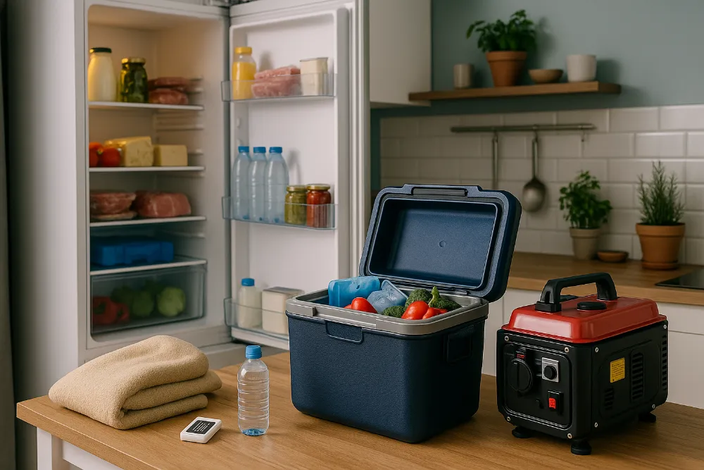 Відкритий холодильник, термобокс з овочами та генератор на кухонному столі