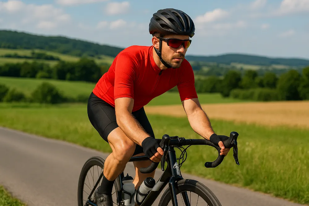 Велоодяг для шосейного катання на дорозі серед пагорбів Велосипедист у червоному шосейному велоодязі на асфальтованій дорозі серед зелених пагорбів