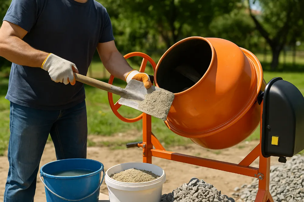 Майстер завантажує цемент і пісок у бетономішалку на відкритому майданчику під природним освітленням