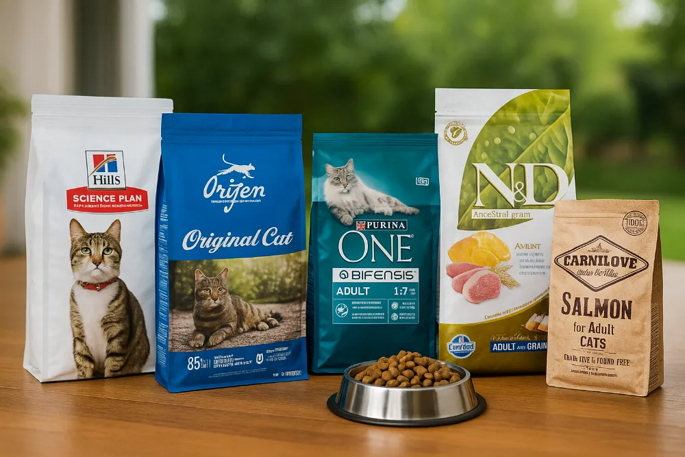 Різні упаковки кормів для котів розміщені на столі з мискою, яскраве природне освітлення