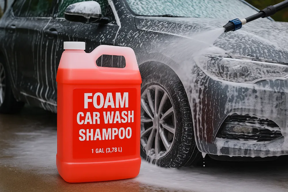 Торгове маркування AutoFoam Pro на пляшці шампуню Пляшка шампуню AutoFoam Pro з логотипом на етикетці під час безконтактного миття авто
