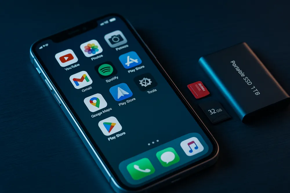 Скільки пам’яті потрібно смартфону у 2025 році Смартфон поруч із microSD-картами та зовнішнім SSD на темному технічному фоні