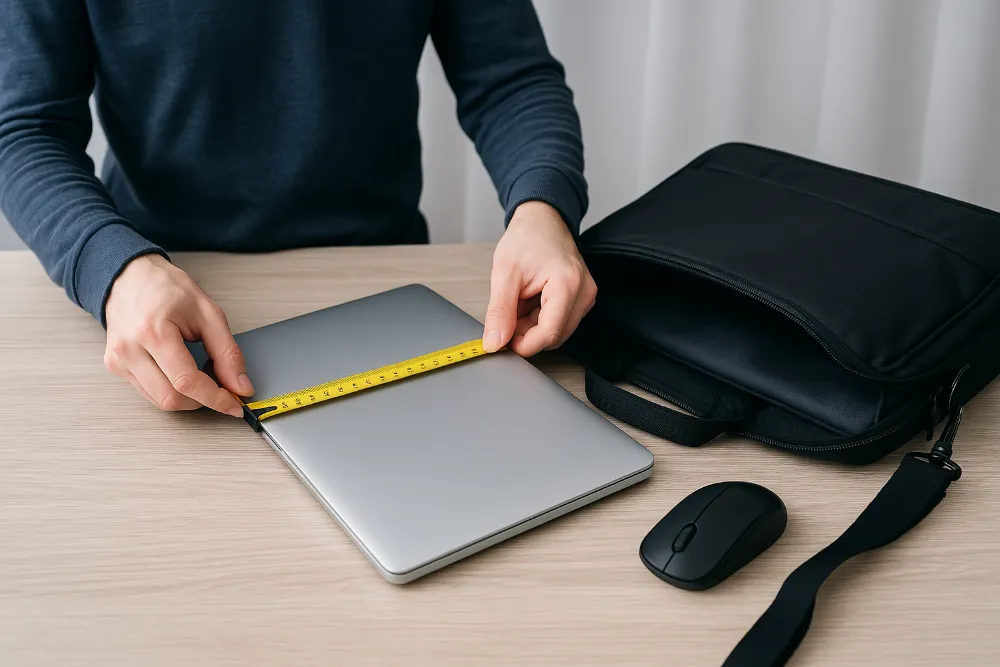Людина вимірює сріблястий ноутбук рулеткою поруч із чорною сумкою та мишею на столі