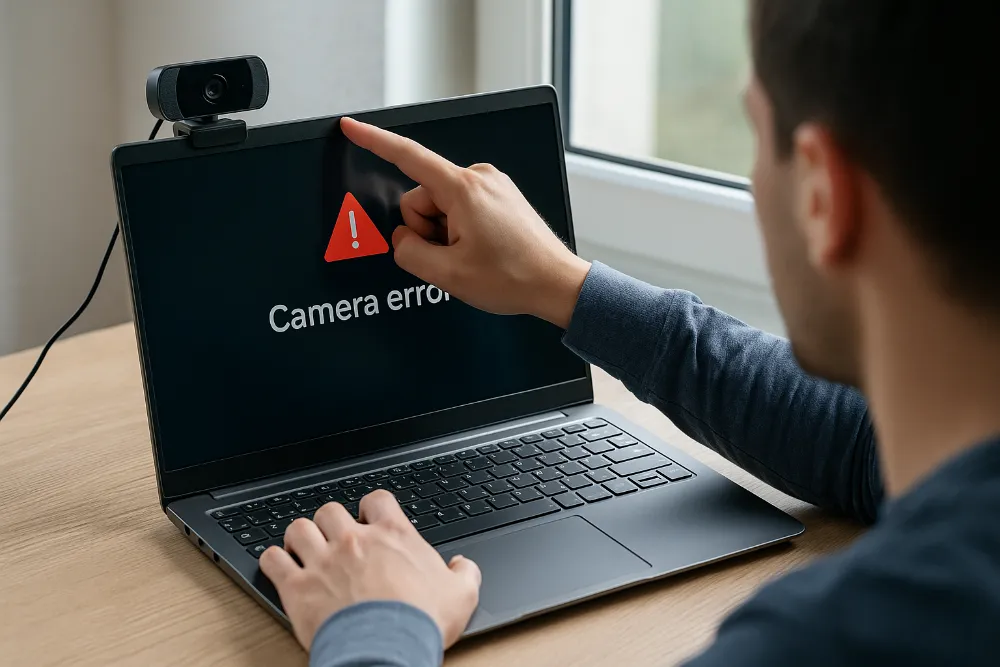 Людина перевіряє несправність веб-камери на ноутбуці Користувач торкається екрана ноутбука з помилкою камери, поруч підключена веб-камера