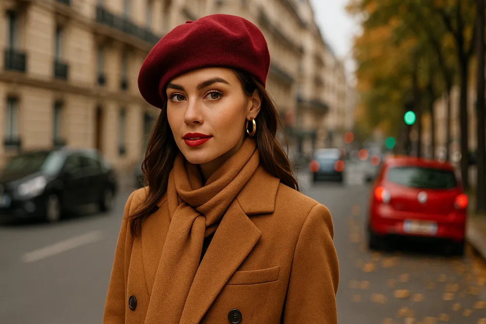 Модні берети осені: стиль, кольори та натхнення Стильна жінка у бордовому береті та пальті кольору карамелі на осінній міській вулиці
