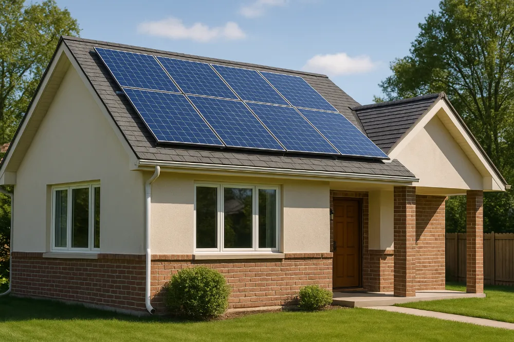 Сонячні панелі на даху приватного будинку  Приватний будинок із встановленими сонячними панелями на даху в сонячний день