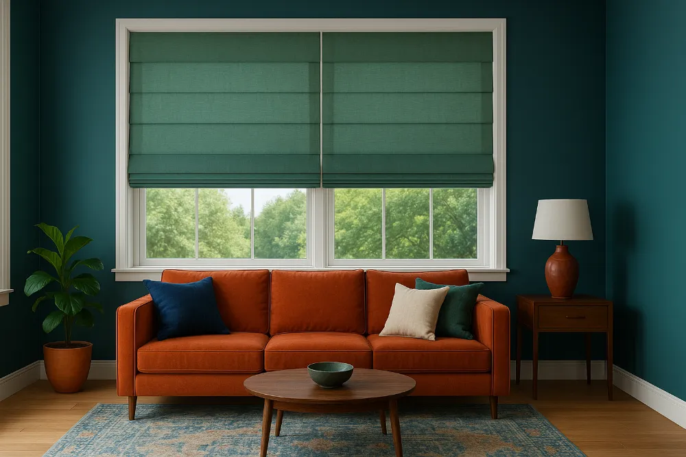 Сучасна вітальня з римськими шторами у зелених відтінках Широкий інтер’єр вітальні з великим вікном і зеленими римськими шторами, теракотовим диваном та природним освітленням