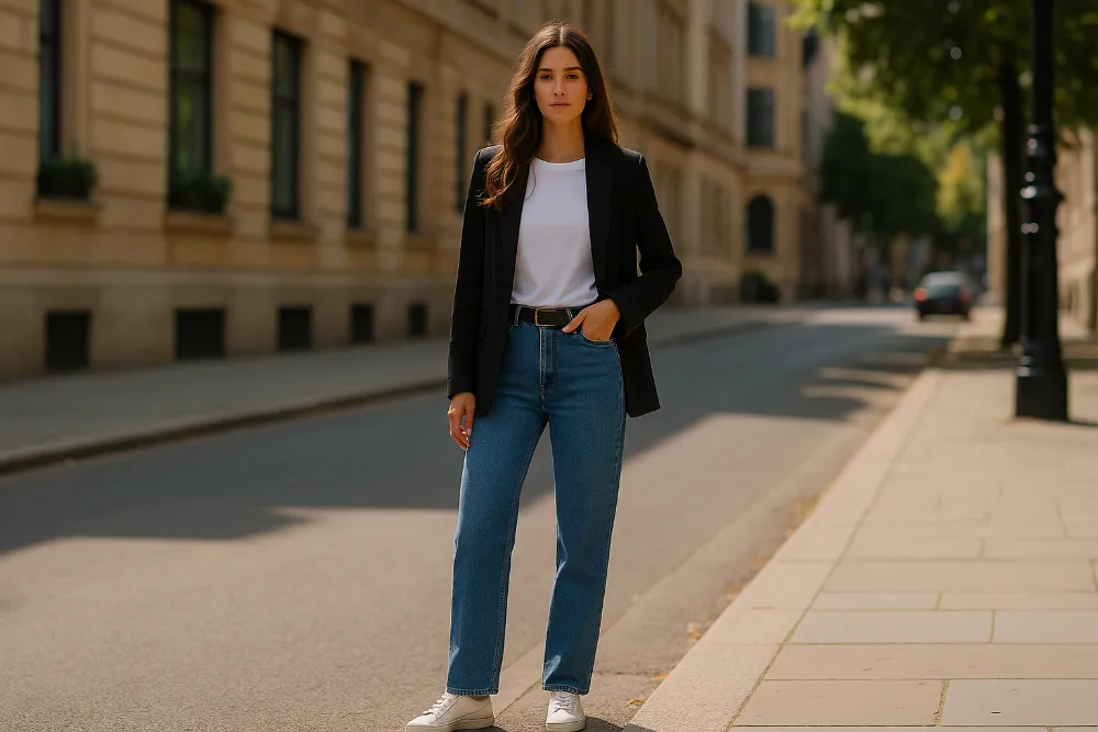 Стильна жінка у джинсах прямого крою на міській вулиці Молода жінка у сучасних джинсах straight із білою футболкою та піджаком у природному освітленні