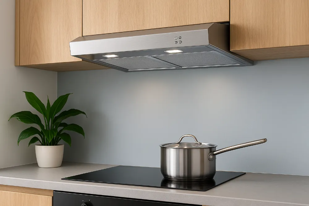 Сучасна безшумна кухонна витяжка у світлій кухні Безшумна вбудована витяжка над плитою у сучасній кухні з якісним освітленням