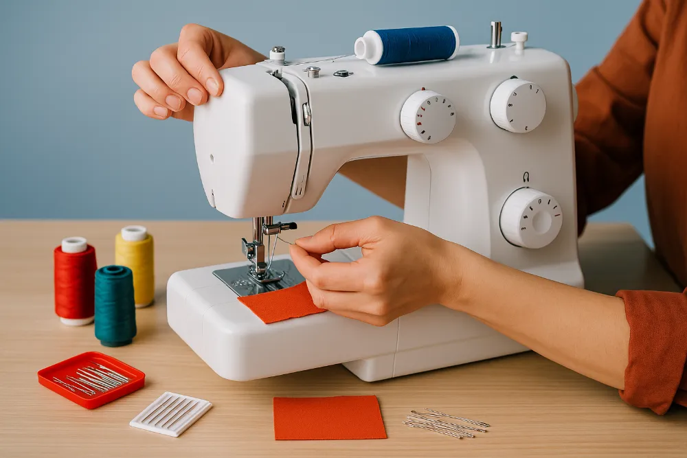 Налаштування швейної машини перед першим використанням Людина заправляє нитку у побутову швейну машину, готує її до роботи