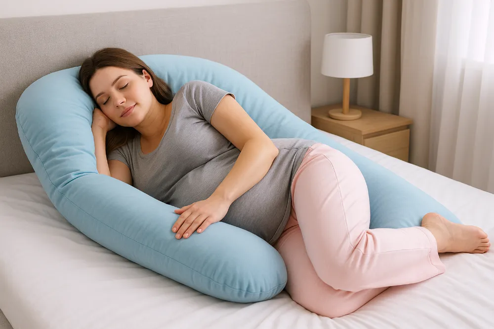 Вагітна жінка відпочиває з подушкою для вагітних Вагітна жінка спить на боці з U-подібною подушкою для вагітних у світлій спальні