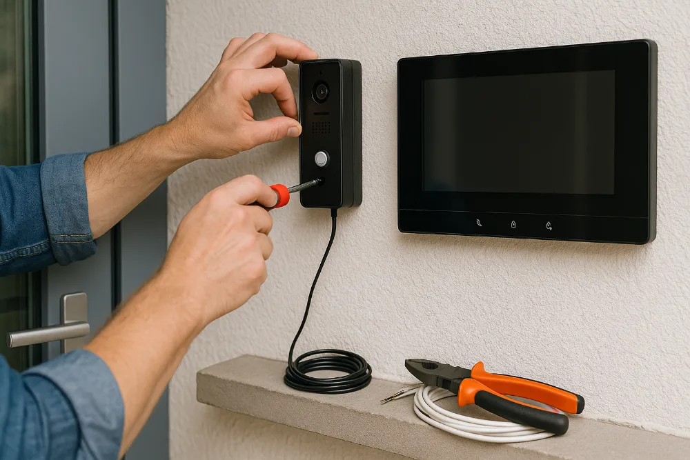 Установка відеодомофона — робочий процес крупним планом Рука майстра встановлює відеодомофон біля дверей сучасного будинку, поруч інструменти