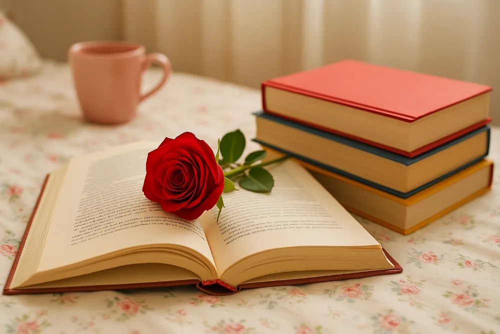 Відкрита книга з червоною трояндою, поруч кольорові томи й чашка кави на світлому фоні