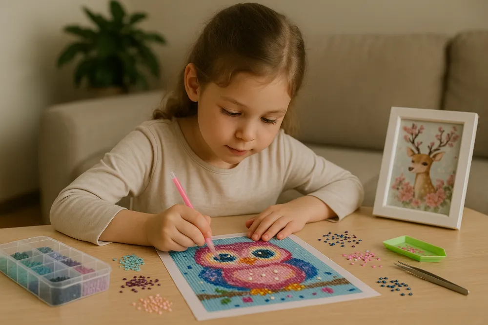 Алмазна мозаїка для дітей у пастельних тонах Дівчинка створює алмазну мозаїку з совою у ніжних рожево-м’ятних відтінках