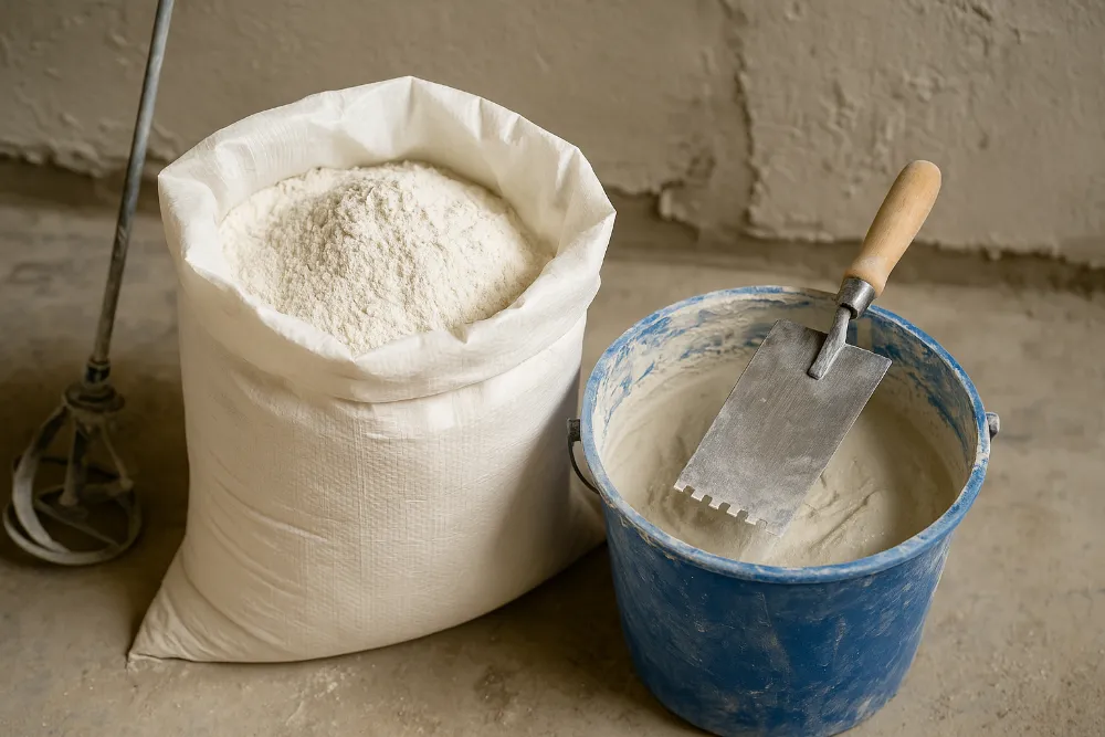 Гашене вапно для штукатурки на будівельному майданчику Мішок гашеного вапна поруч із відром штукатурного розчину та кельмою