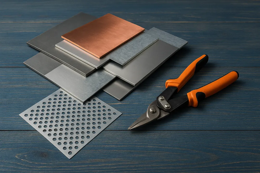 Види листового металу — класифікація та приклади матеріалів Широкоформатне фото різних видів листового металу на робочому столі з інструментом