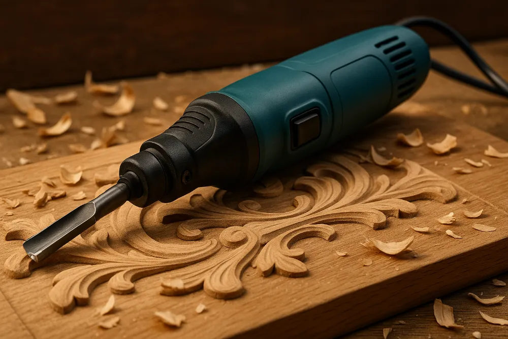Електростамеска для різьблення по дереву в роботі Електростамеска на дерев’яному столі під час різьблення декоративного візерунка