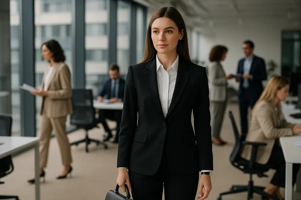Діловий стиль для жінок у сучасному офісі Елегантна жінка в діловому костюмі стоїть в офісі на фоні колег, що працюють