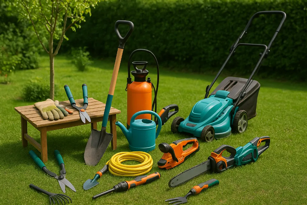 Садові інструменти на зеленій галявині в літній день Набір садових інструментів із лопатою, секатором, шлангом, лійкою та газонокосаркою на тлі зеленого саду