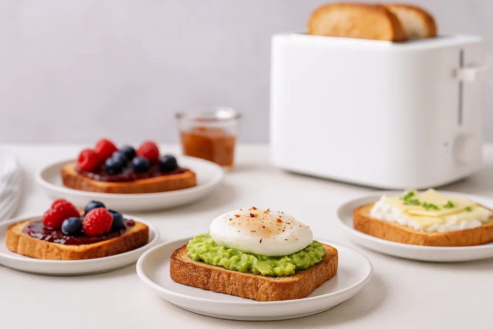 Сніданки з тостера у горизонтальному форматі — яскравий початок дня Хрусткий тост з авокадо та яйцем на світлому столі, позаду тостер і солодкі тости з ягодами