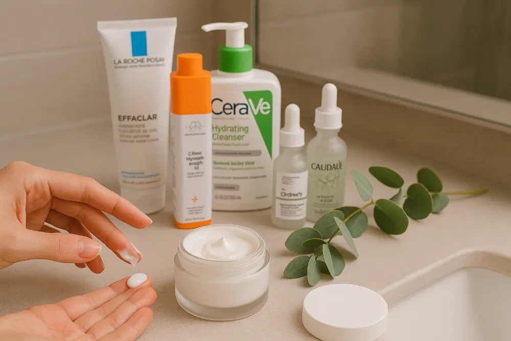 Краща доглядова косметика 2025 — гармонія науки та краси Фото кремів, сироваток і очищувальних засобів провідних брендів доглядової косметики 2025 року на світлому столі