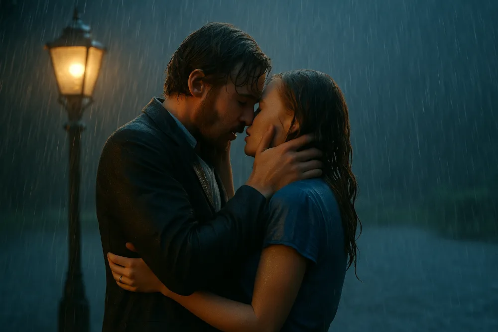 Атмосферна сцена мелодрами під дощем Романтична пара обіймається під дощем біля ліхтаря, передаючи ніжність і кохання