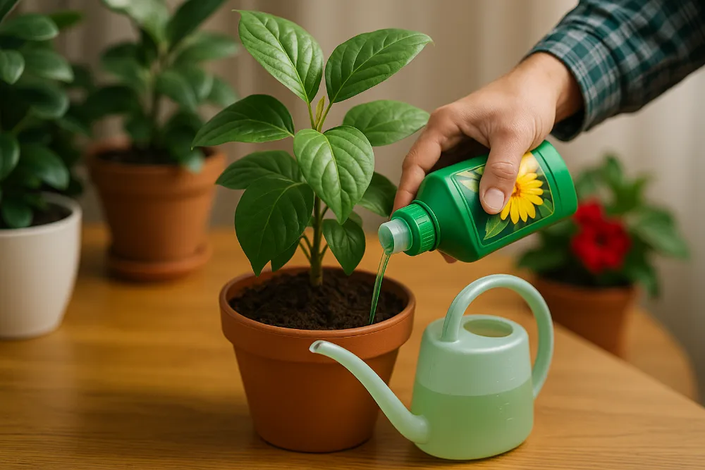Людина підживлює кімнатну рослину рідким добривом у горщику на столі поруч із лійкою та зеленими рослинами
