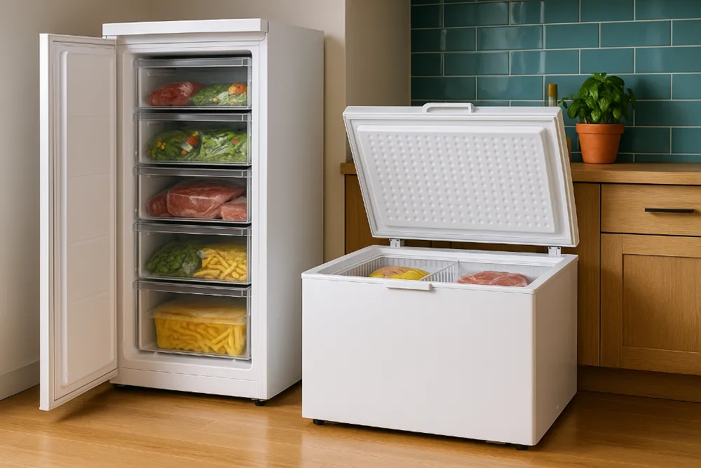 Вертикальна та горизонтальна морозильна камера у сучасній кухні Порівняння вертикальної та горизонтальної морозильної камери в яскравій сучасній кухні