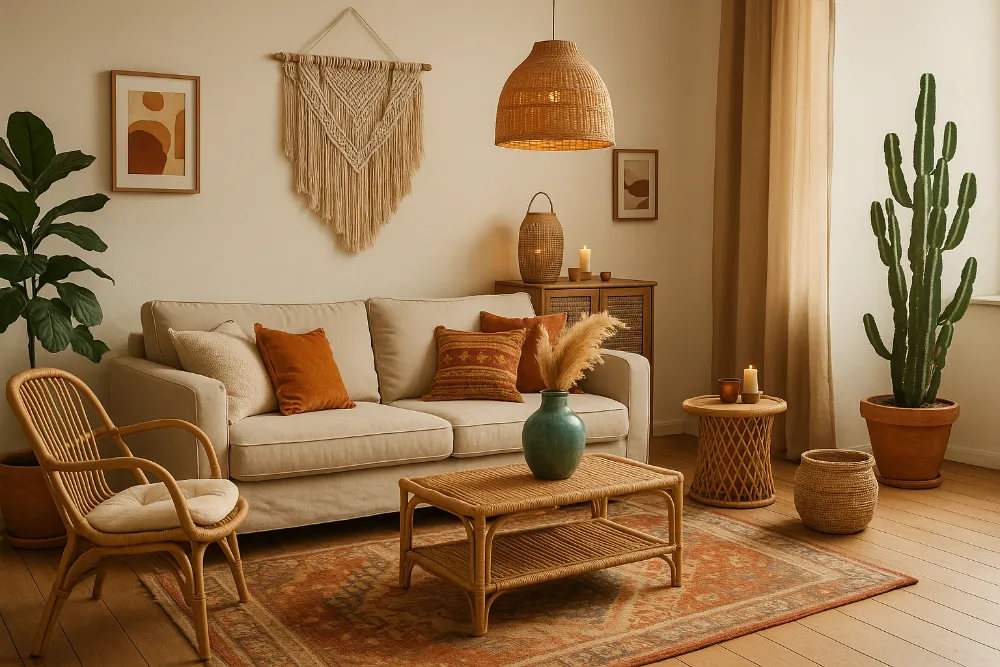 Інтер’єр у стилі бохо-шик: природність, затишок і свобода Світла вітальня у стилі бохо-шик з лляним диваном, ротанговими меблями, рослинами, килимом і макраме на стіні