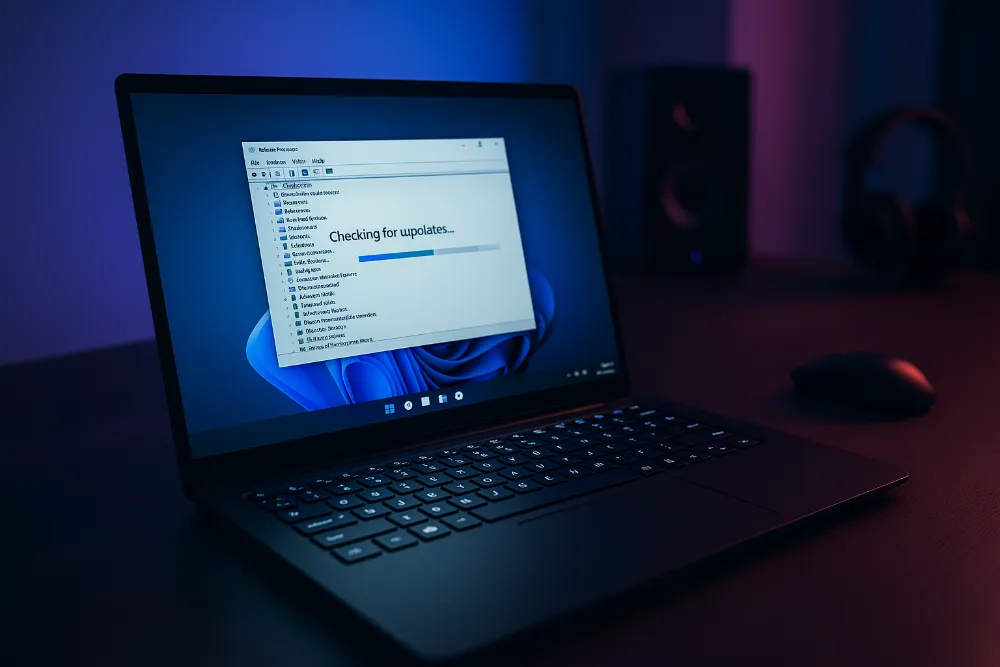 Ноутбук із процесом оновлення драйверів у сучасному інтер’єрі Сучасний ноутбук на столі під час перевірки оновлень драйверів Windows без руки