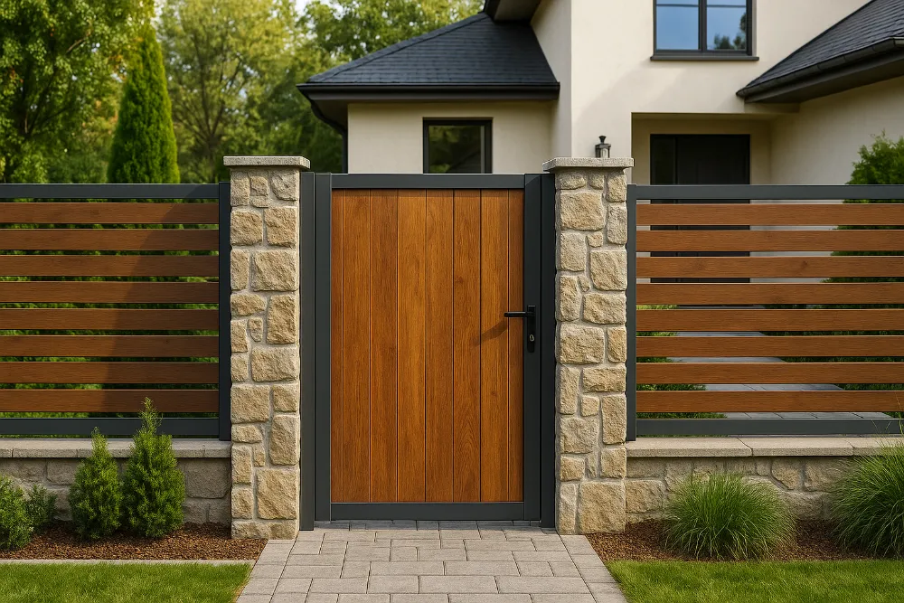 Сучасна хвіртка приватного будинку з деревини та металу Хвіртка сучасного приватного будинку з дерева та металу біля кам’яної огорожі, оточена зеленню та охайною доріжкою