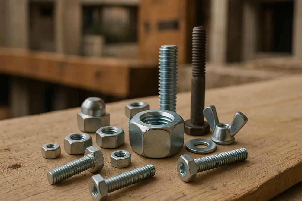 Гайки у будівництві: ключові елементи надійних з’єднань Металеві гайки, болти й шайби крупним планом на дерев’яному столі на будівельному майданчику