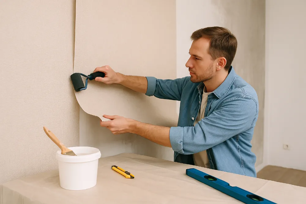 Процес поклейки шпалер у кімнаті своїми руками Чоловік клеїть шпалери на стіну, використовуючи валик і шпатель, поруч клей та інструменти