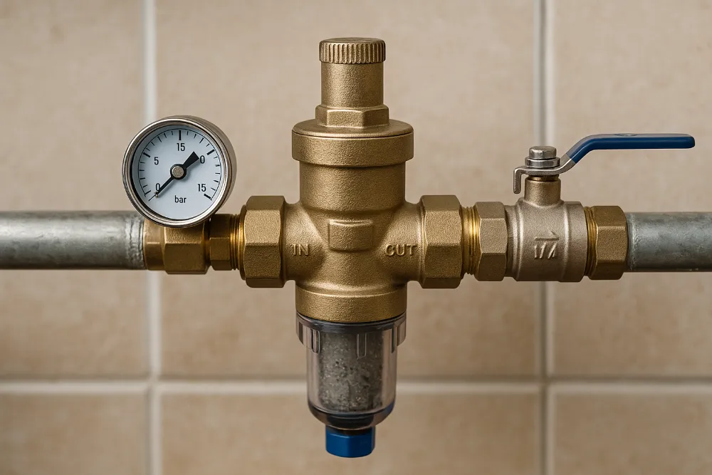 Металевий редуктор тиску води з манометром, встановлений на трубопроводі під раковиною