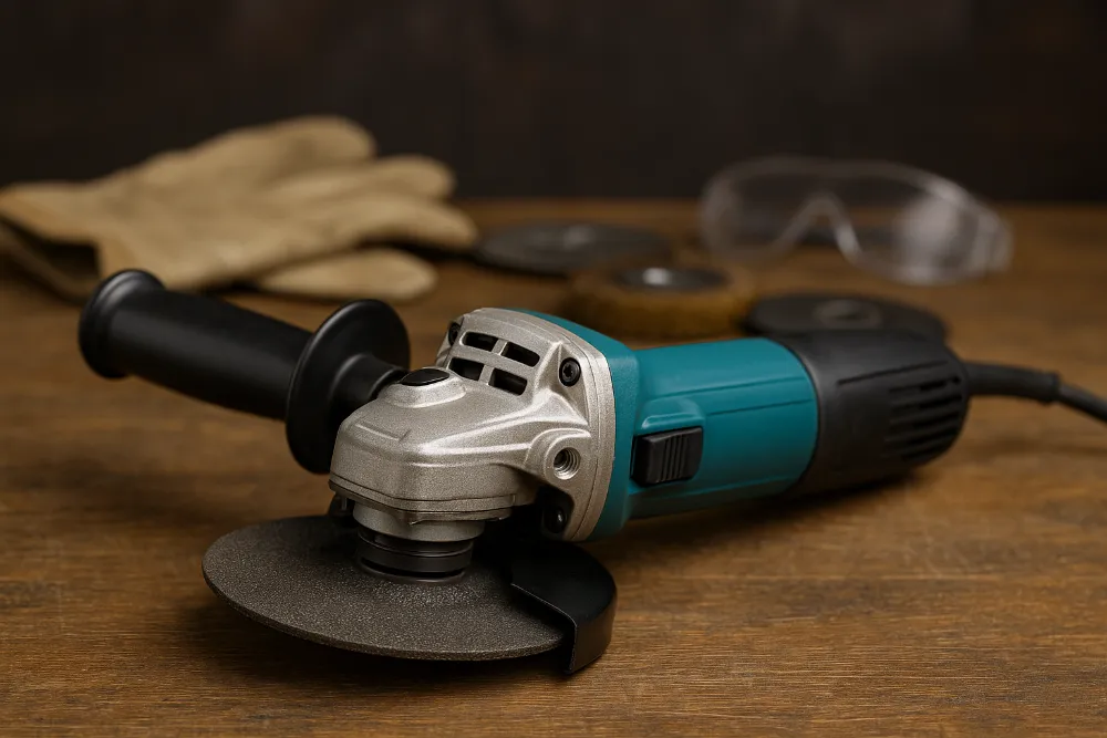 Болгарка на дерев’яному столі з розмитими захисними окулярами та дисками на задньому плані