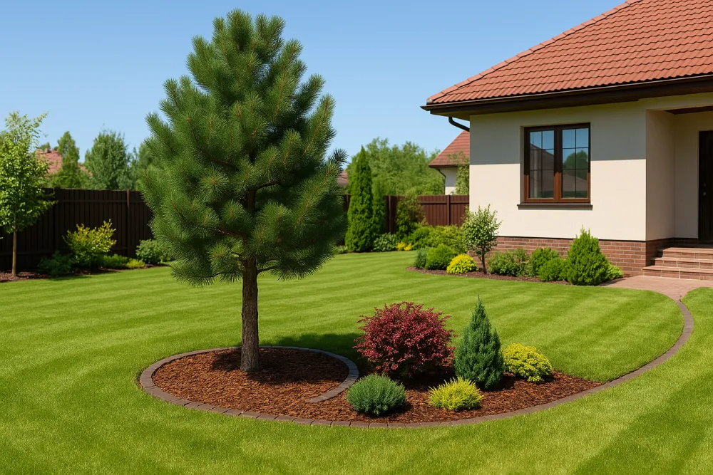 Сосна у доглянутому дворі приватного будинку Реалістичне фото сосни у дворі з яскравим освітленням та озелененням
