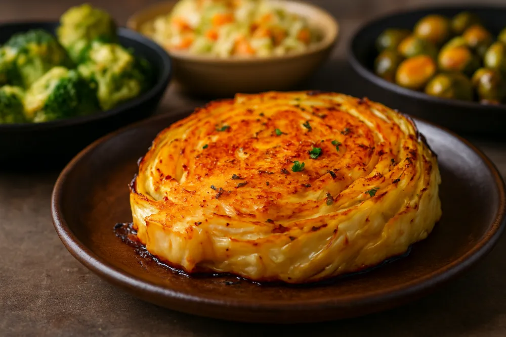 Крупний план запеченого стейка з капусти з розмитими овочевими стравами на фоні