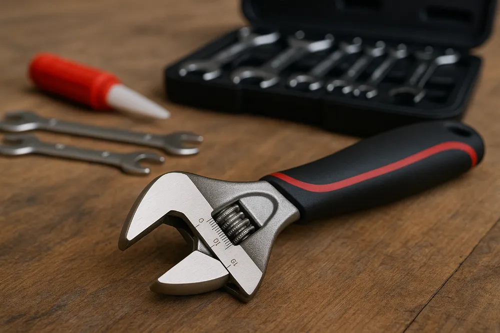 Широкоформатне фото розвідного ключа з гумовою ручкою на верстаку поруч із наборами інструментів