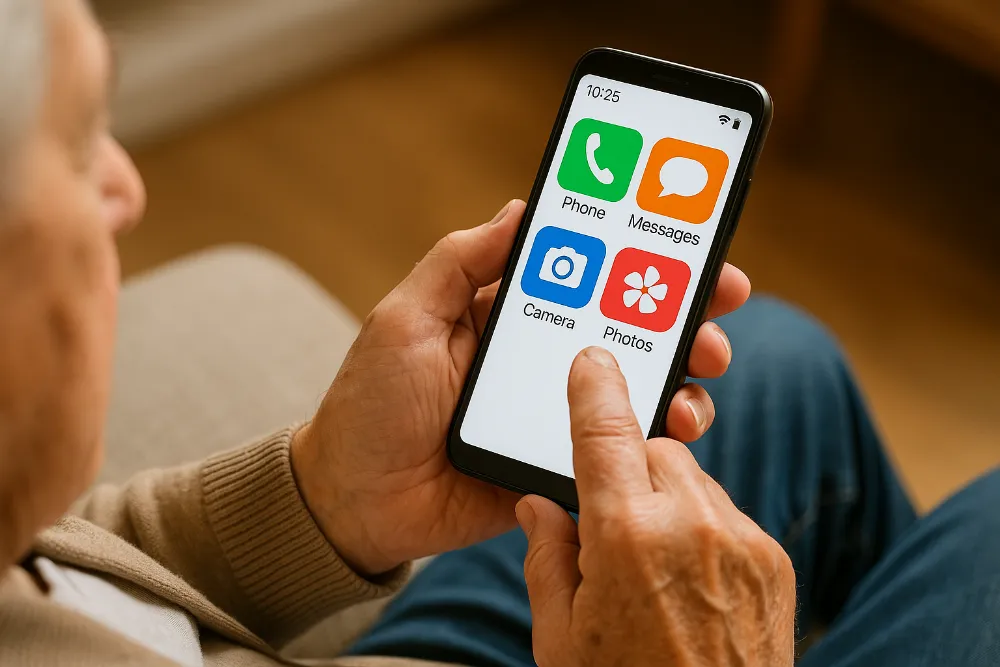Простий смартфон для літніх людей у фотореалістичній подачі Літня людина користується смартфоном з великими іконками та зручним інтерфейсом