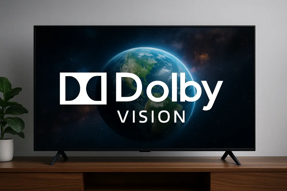 Телевізор із підтримкою Dolby Vision у сучасному інтер’єрі Широкоформатний телевізор з Dolby Vision, який демонструє яскраве реалістичне HDR-зображення