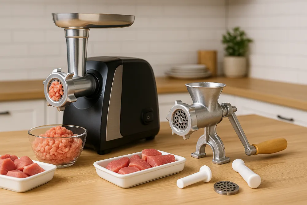 Електрична та ручна м’ясорубка на кухонному столі у порівнянні Електрична і ручна м’ясорубки поруч на кухонному столі з м’ясом та аксесуарами