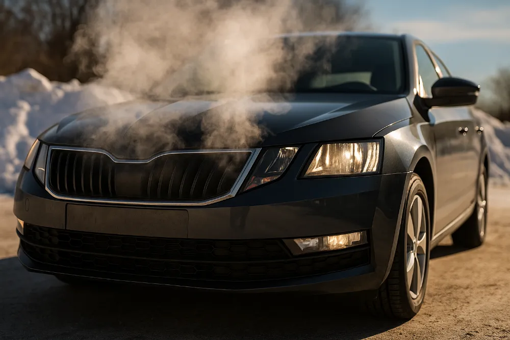 Прогрів двигуна в морозний ранок — автомобіль з паром над капотом Передня частина автомобіля взимку з паром над капотом на морозі