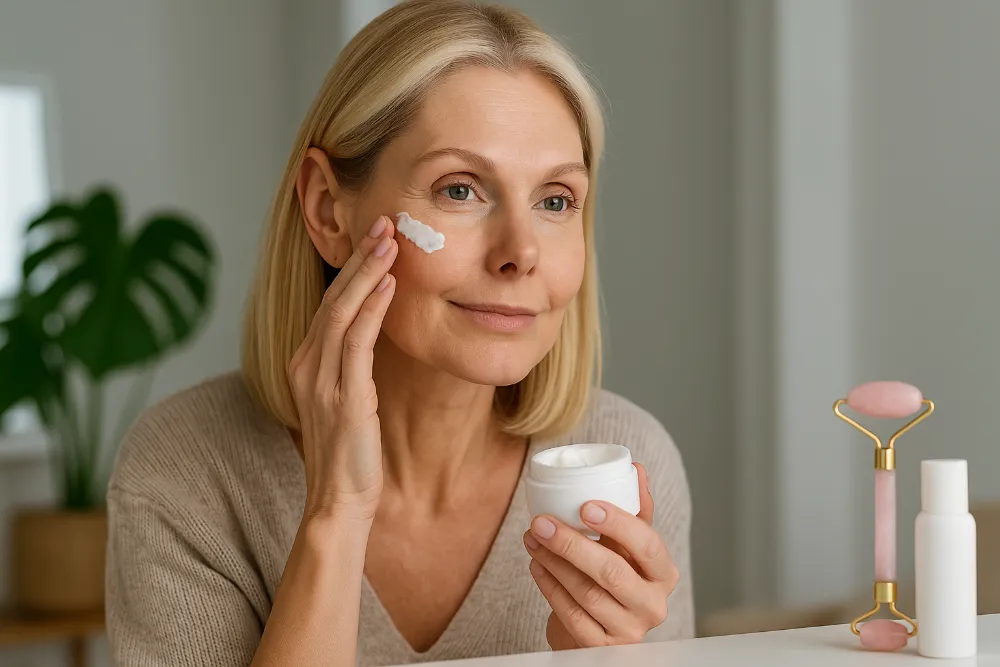 Жінка наносить антивіковий крем у домашніх умовах, широке горизонтальне фото