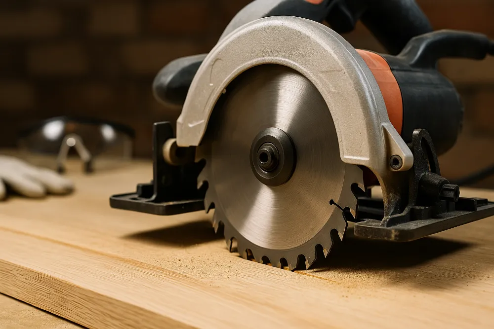 Пильний диск циркулярної пилки крупним планом у столярній майстерні поруч із захисними окулярами