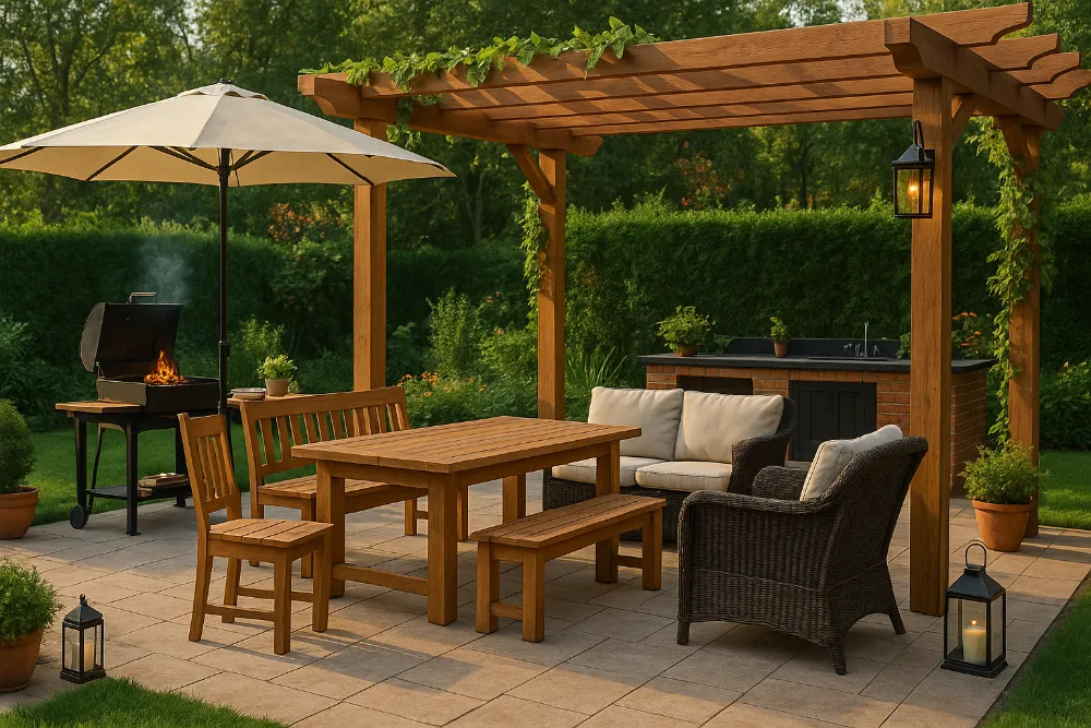 Затишна барбекю-зона в саду з дерев’яними меблями, ротанговими кріслами, мангалом і парасолею
