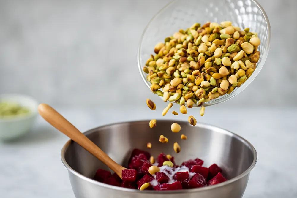 Подрібнені горіхи, що висипаються з чаші у салат із буряком у металевій мисці