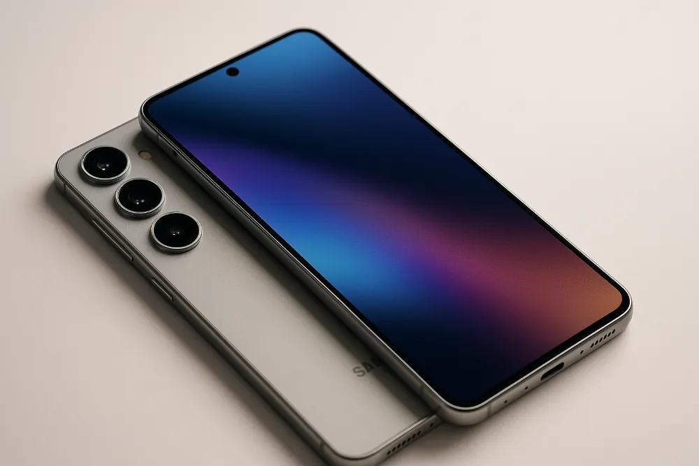 Широкоформатне фотореалістичне зображення смартфона Samsung Galaxy S25 з акцентом на дизайн