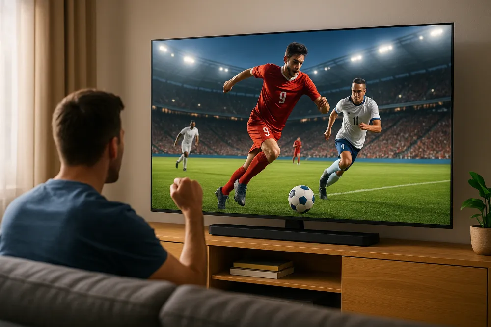 Телевізор для спортивних трансляцій у домашніх умовах Чоловік дивиться футбольний матч на великому телевізорі у вітальні з яскравим і реалістичним зображенням