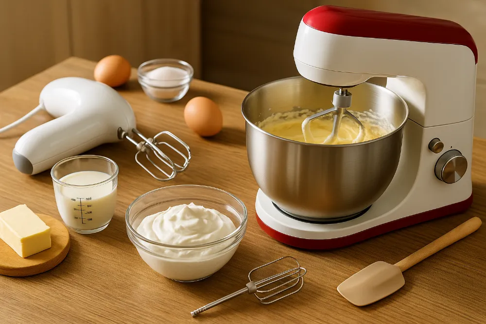 Планетарний та ручний міксери на кухонному столі серед інгредієнтів для випічки